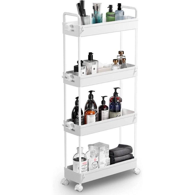 Solejazz Slim Storage Cart filled with bathroom items on white background