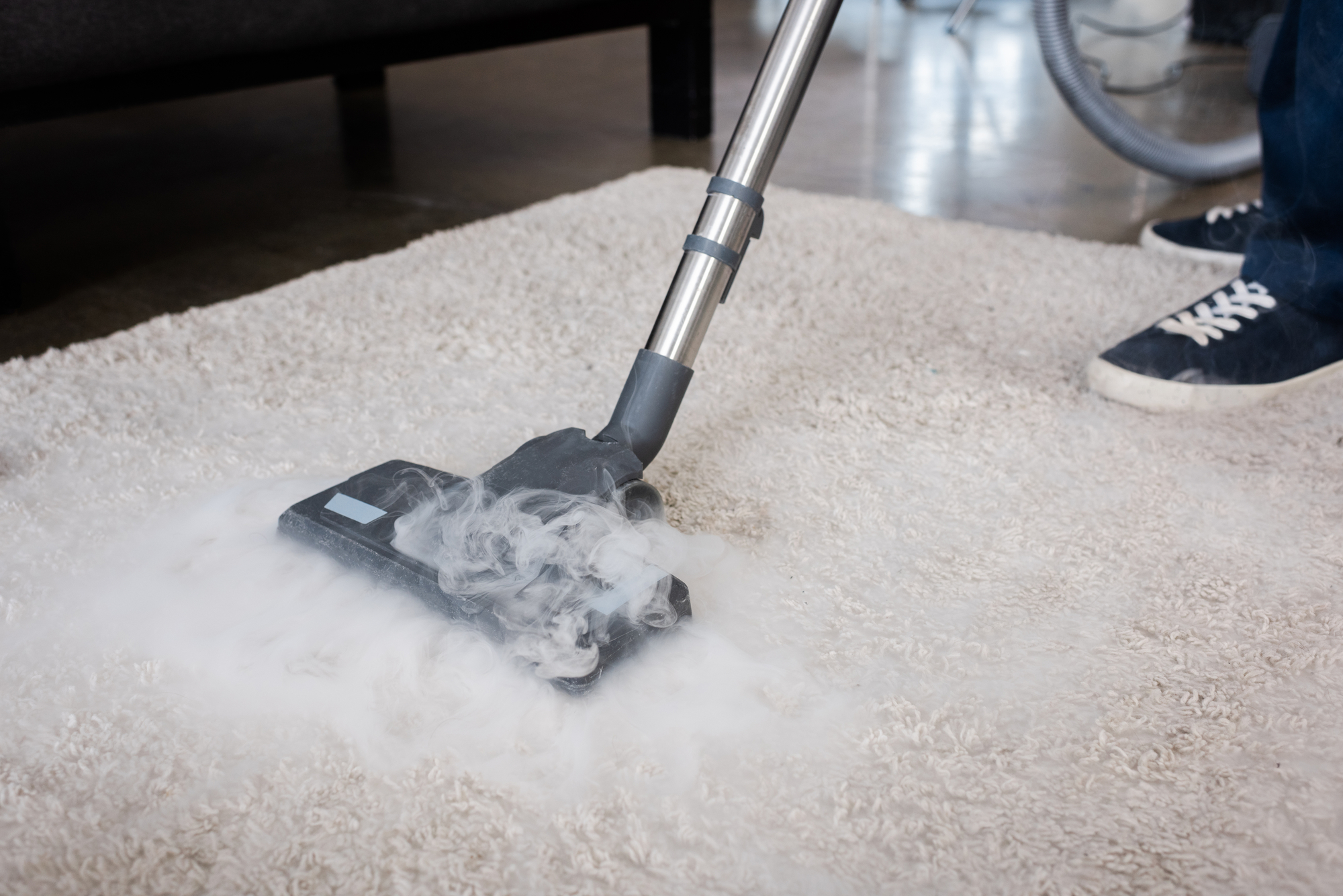 Person wearing black sneakers using a steam cleaner on a beige carpet.