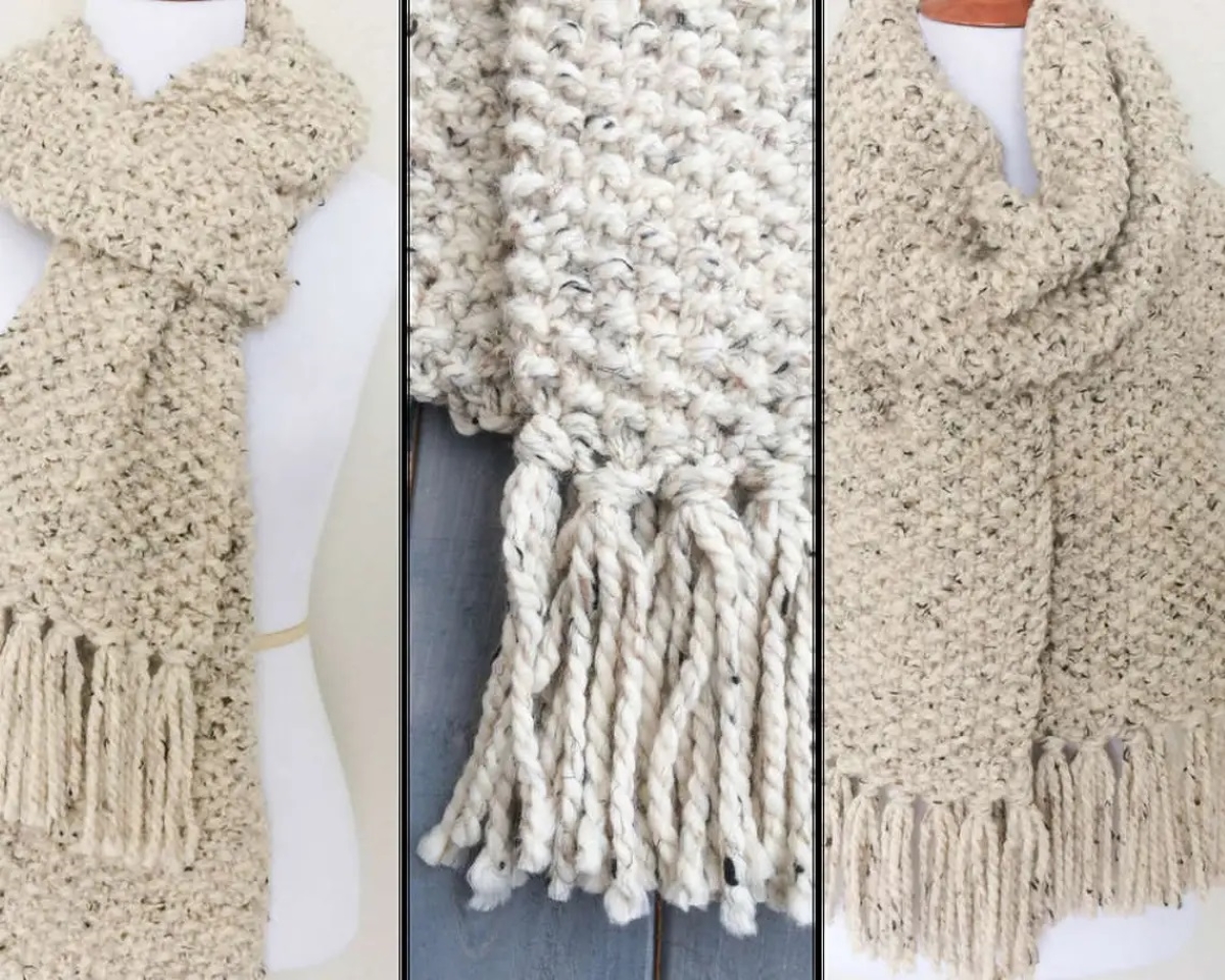 knitting patterns for beginners - three views of tan knitted scarf