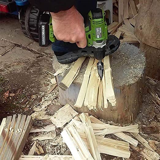 firwood log splitter attachment on a drill, drilling through wood