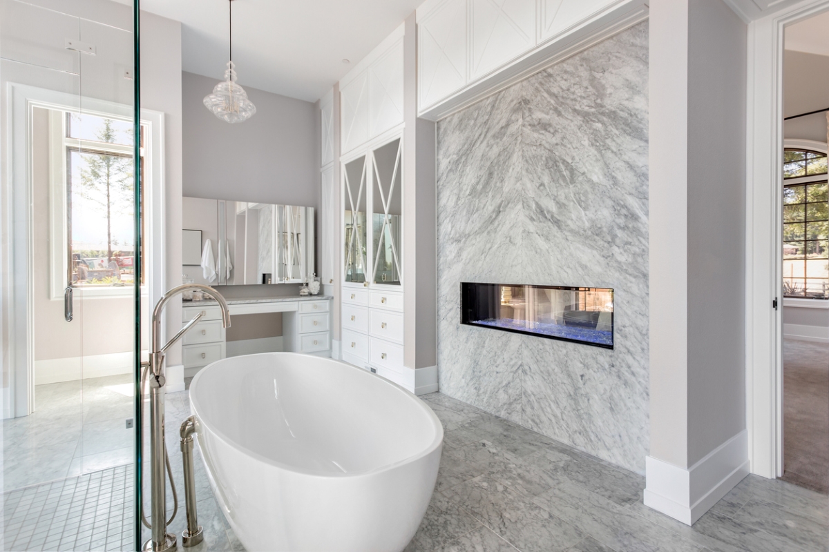 double-sided fireplace - modern bathroom fireplace