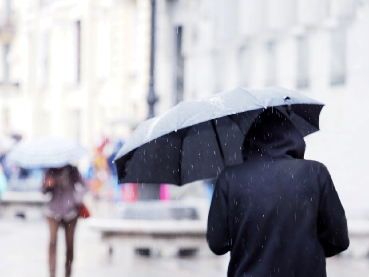 farmers almanac winter forecast - back view of person holding umbrella in rain