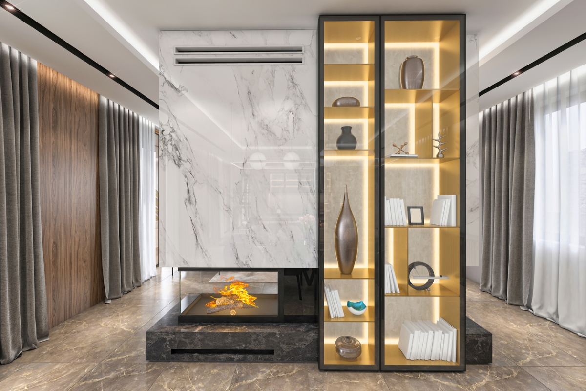 double-sided fireplace - modern marble fireplace bookshelf