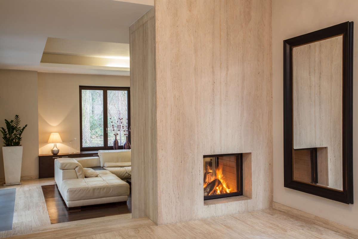 double-sided fireplace - modern fireplace next to living area