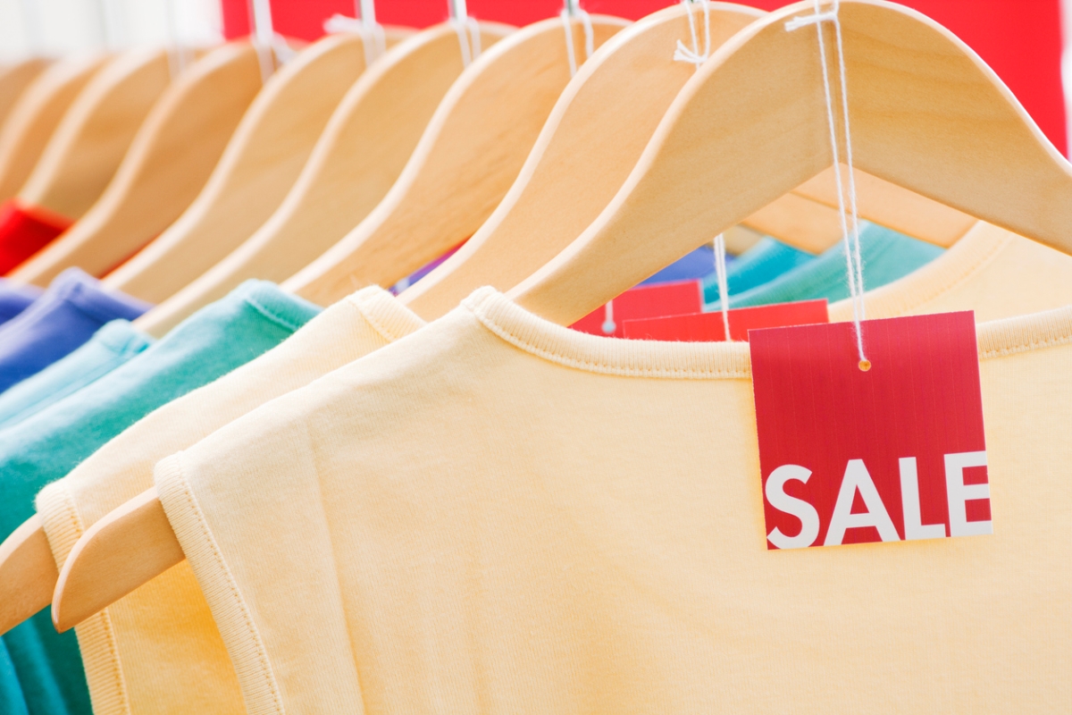 Clothing with red sale tag.