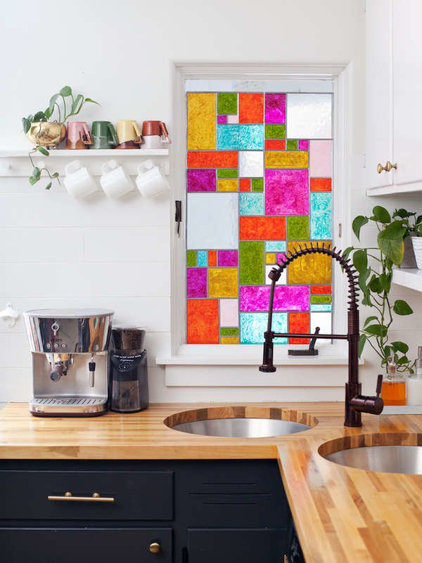 Faux stained glass window in modern kitchen
