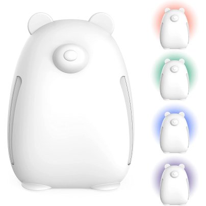 Pure Enrichment PureBaby whtie Bear-shaped HEPA Air Purifier with four light colors on white background