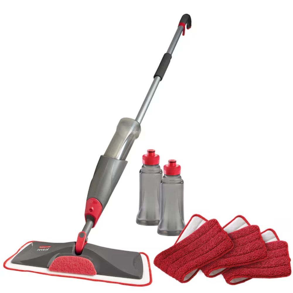 Rubbermaid Reveal Microfiber Spray Mop Cleaning Kit with 2 bottles and 3 scrubber pads on a white background
