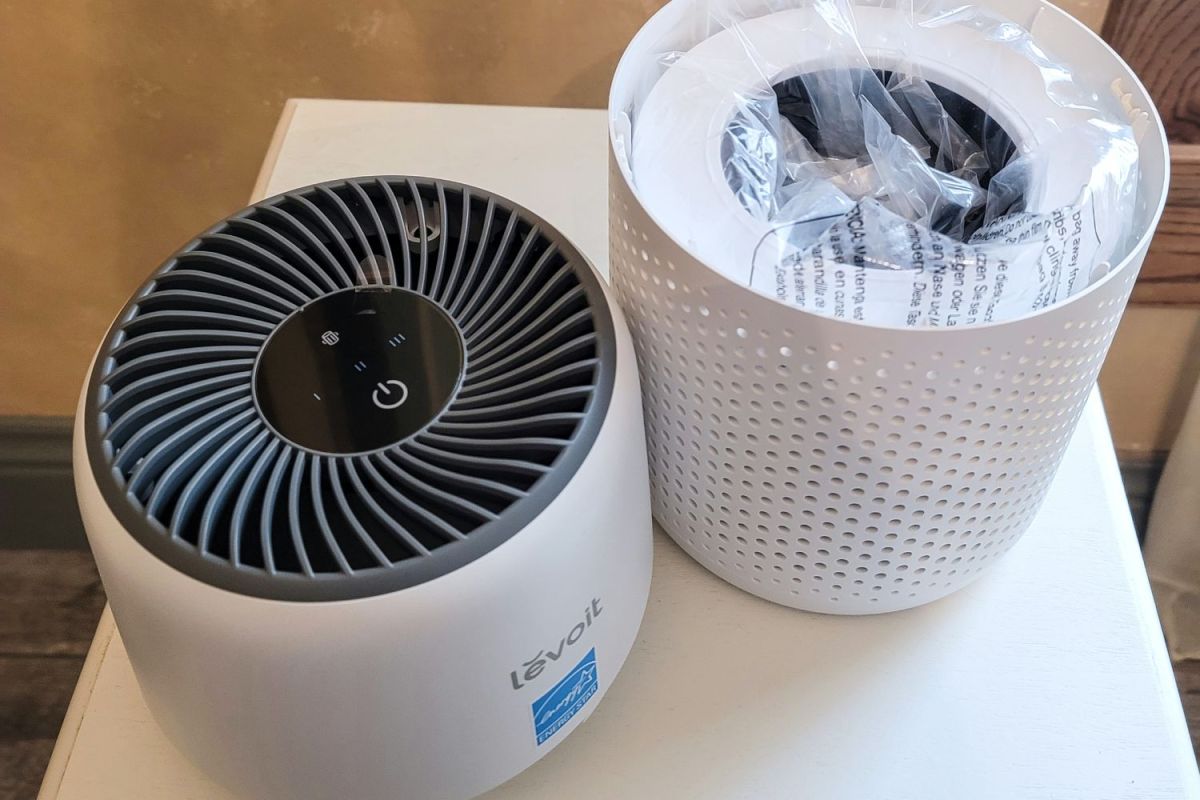 A photo of the Levoit air purifier just after unboxing with its filter still wrapped in plastic