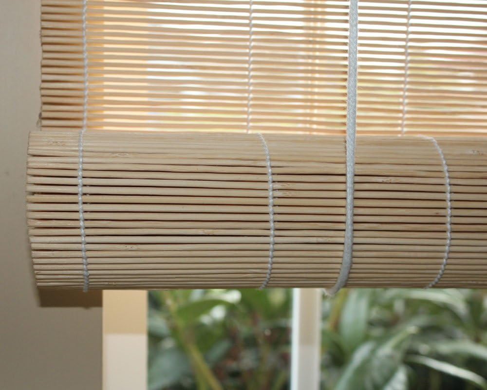 Closeup of partially rolled up matchstick blinds