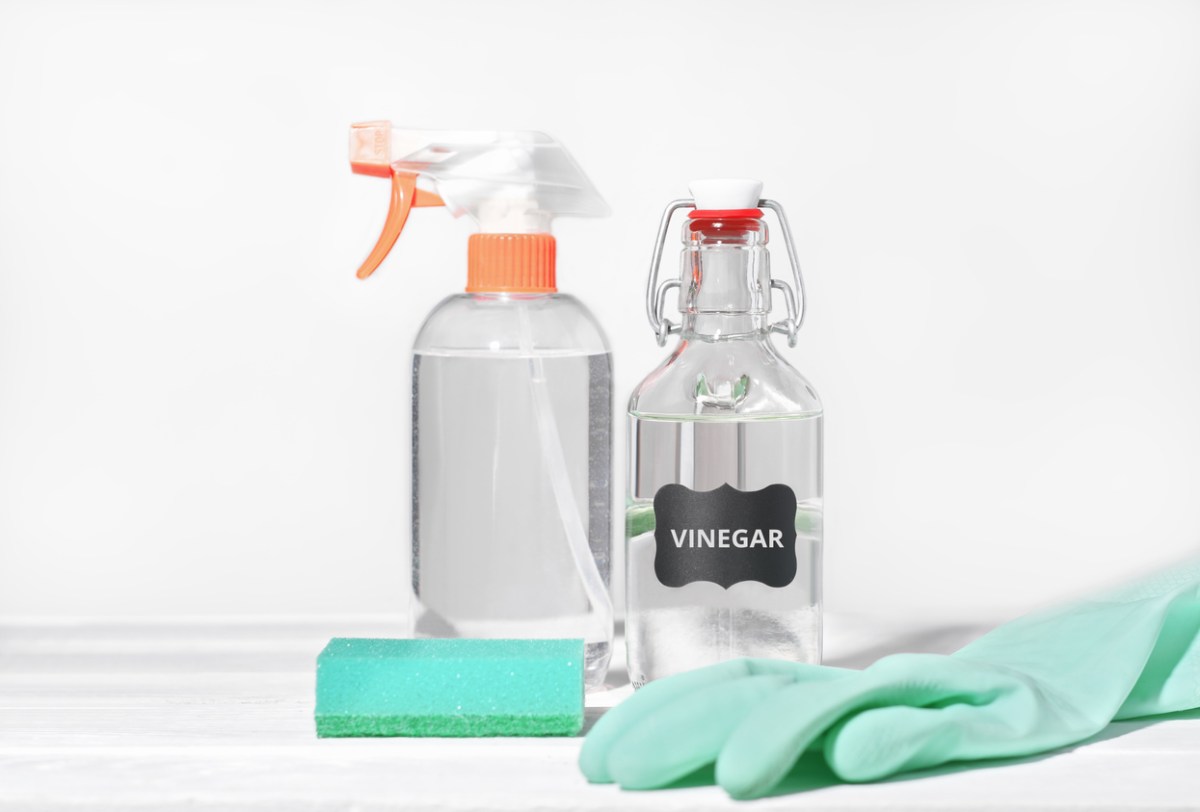 White vinegar in a labeled jar and spray bottle