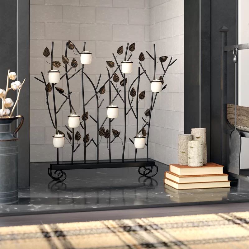 decorate-with-candles-leafy-wrought-iron-candelabra-in-fireplace