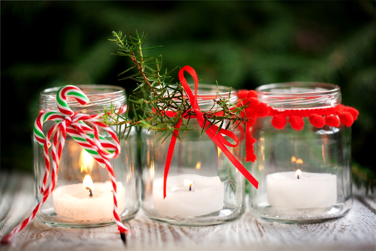decor with candles - holiday decorated glass candle jars