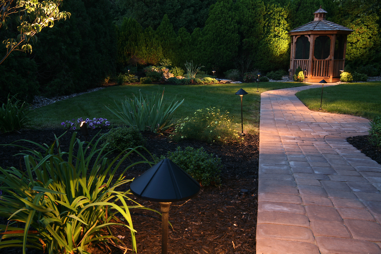 moon garden yard with path gazebo and small lights night