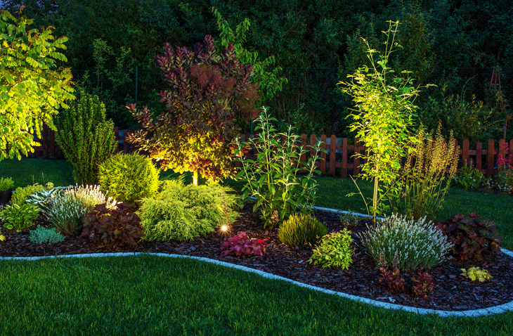 uplighting-landscape-flower-bed-in-yard-with-lights-nighttime