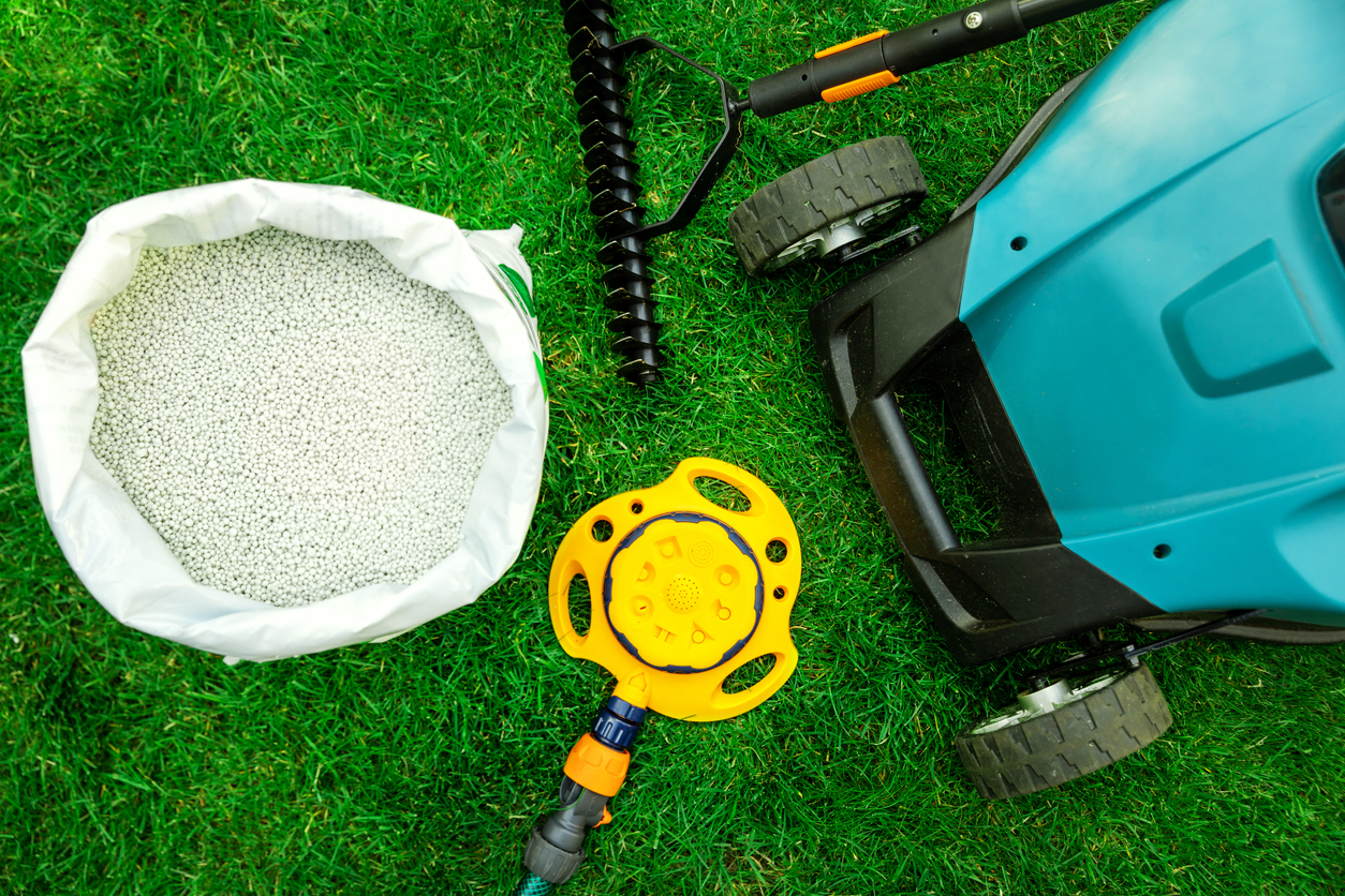 lawn tools with chemical fertilizer on bright green grass