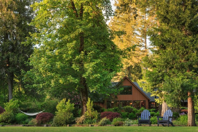 A cabin-style house with lawn furniture sitting under several shady, mature trees.