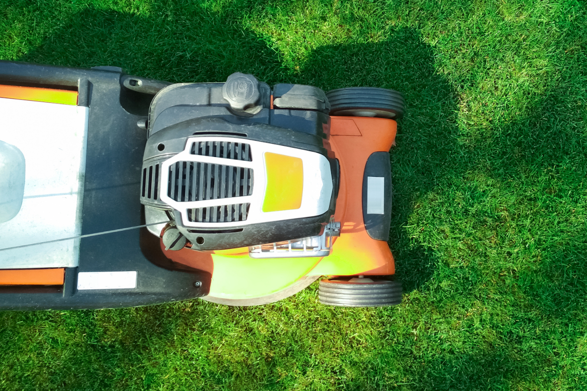 Top-down view of a lawn mower mowing grass in morning light