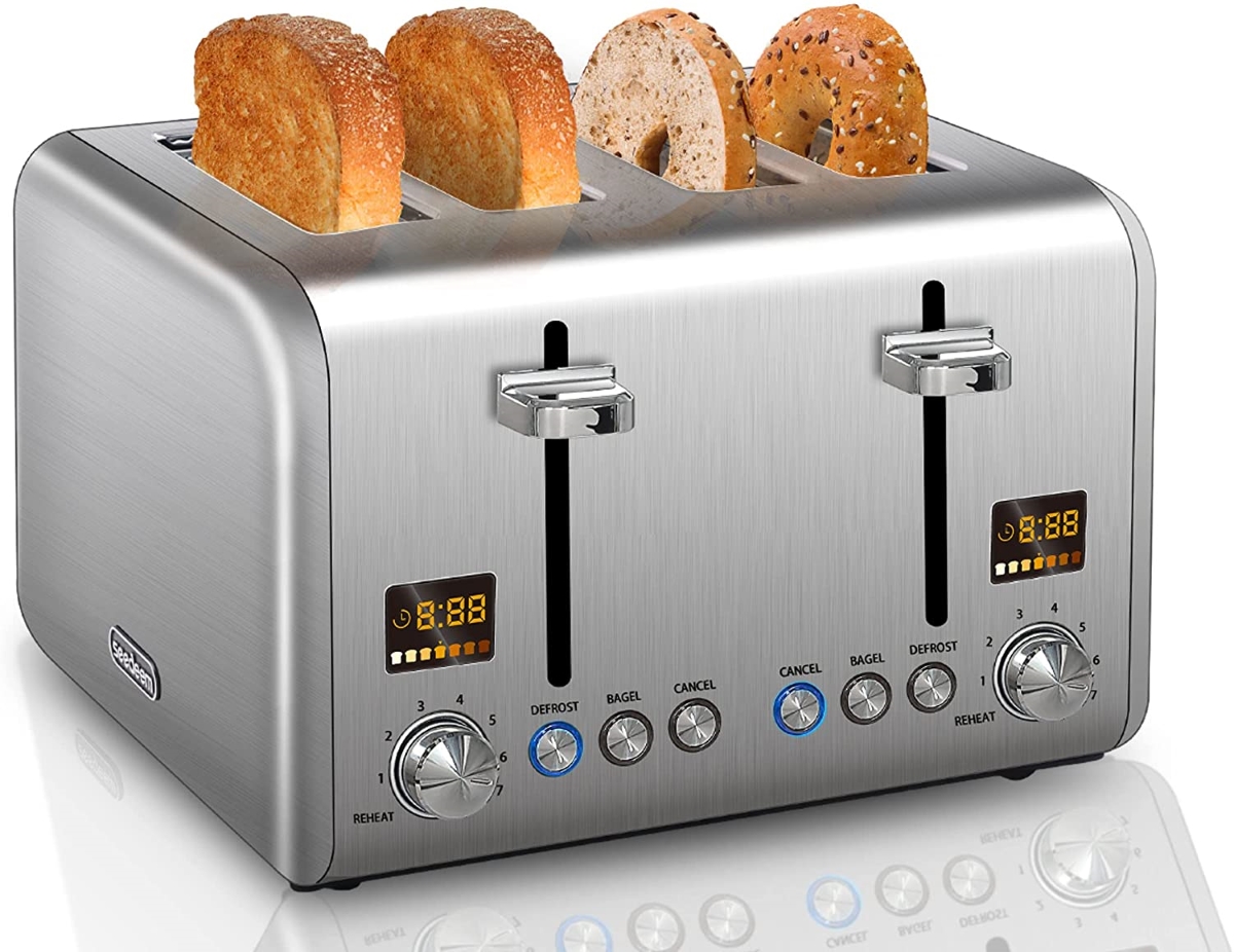 never plug into power strip - modern silver toaster