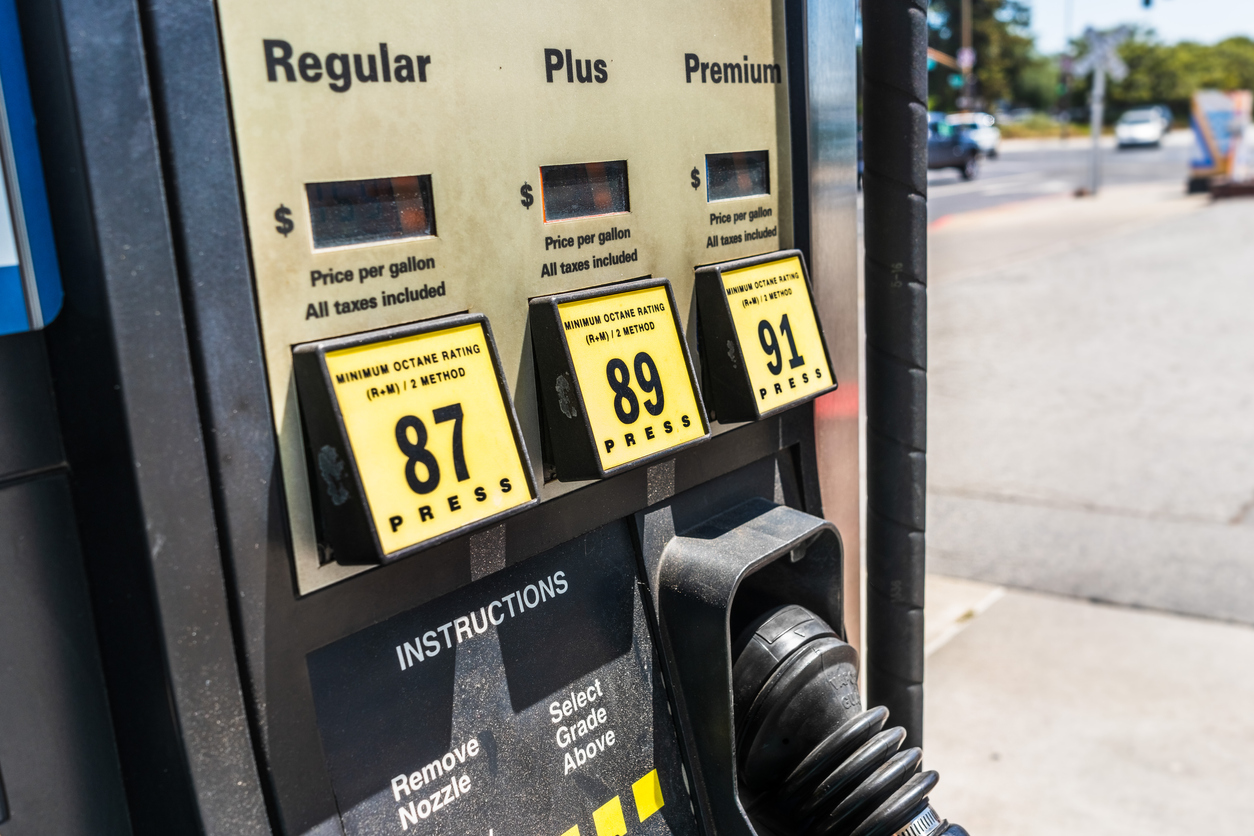 Close up of gas station pump; three octane grades available for selection
