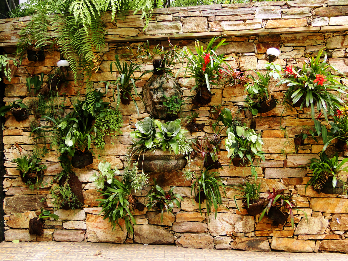 beautiful potted plants mounted in stone wall with irregular stone pattern
