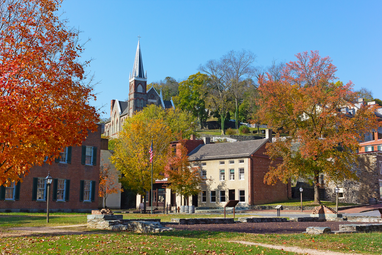 west virginia autumn town square park trees hill