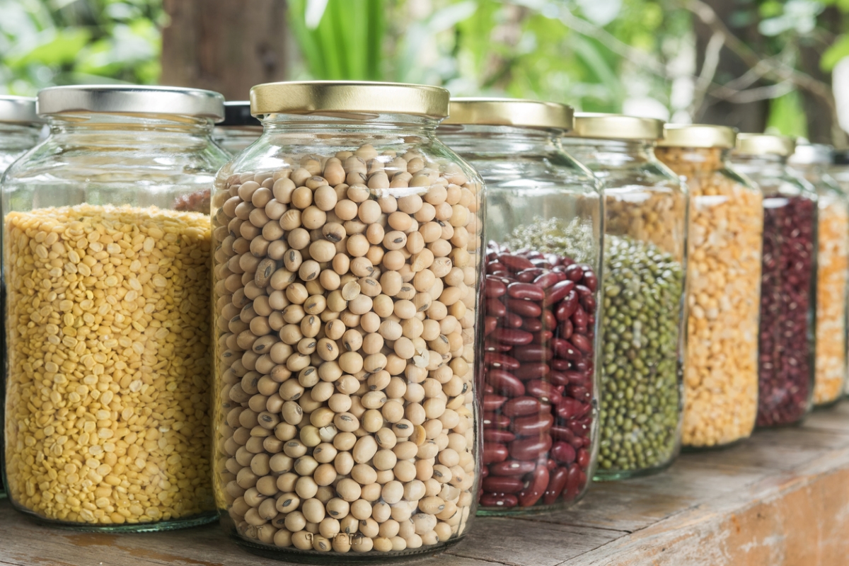 foods that never expire - different types of dried beans in clear jars