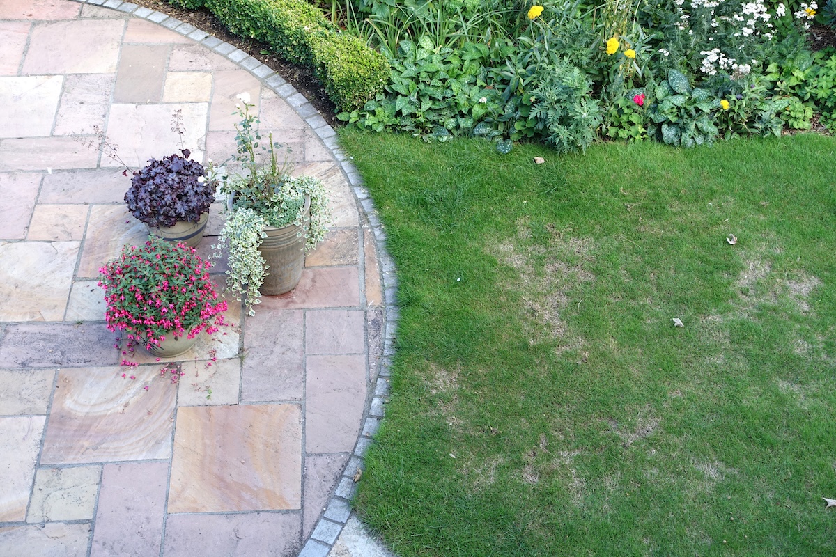 A stone patio with flower pots located next to a lawn with brown, patchy grass.