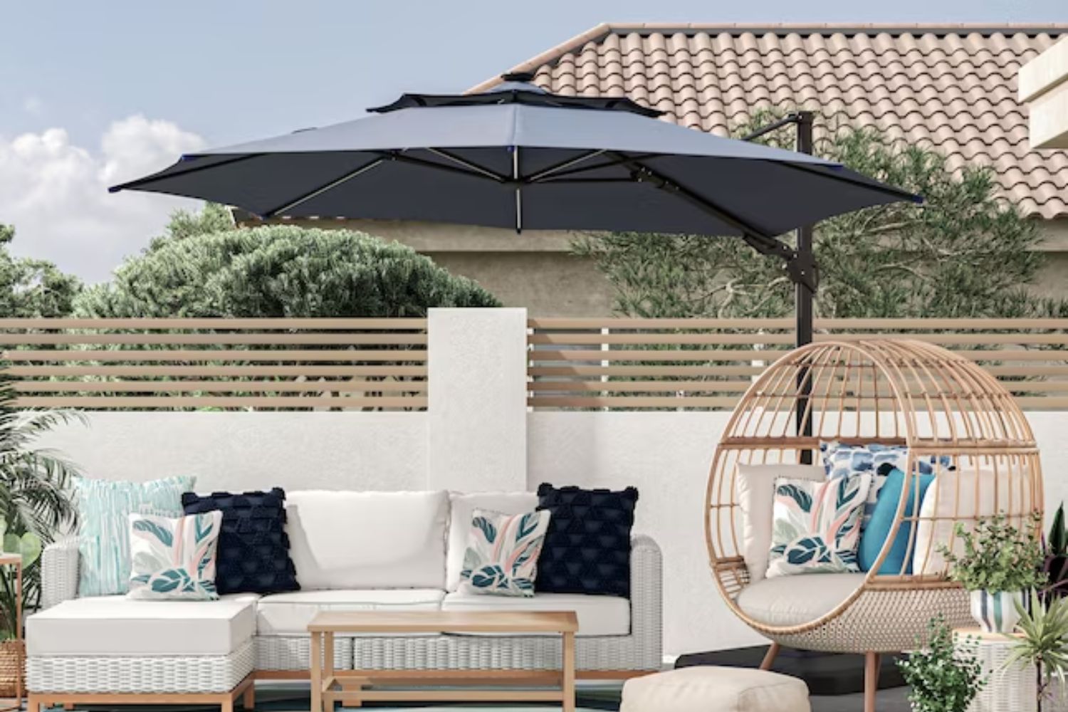 The Best Outdoor Accessories to Shop from Lowe’s Options: allen + roth 11-ft Blue Solar Powered Patio Umbrella with Base