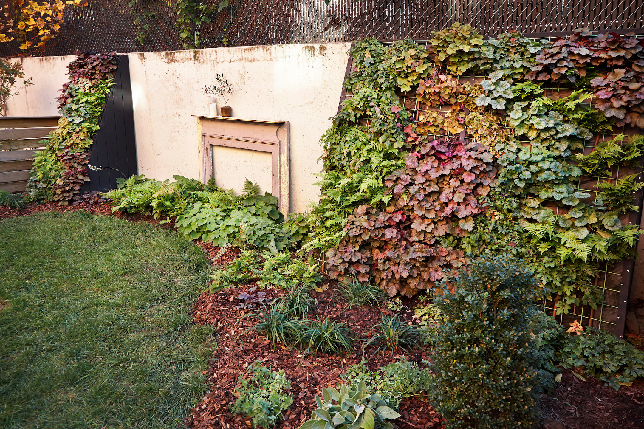 backyard with mulch landscaping and large square trellis covered in vines against wall