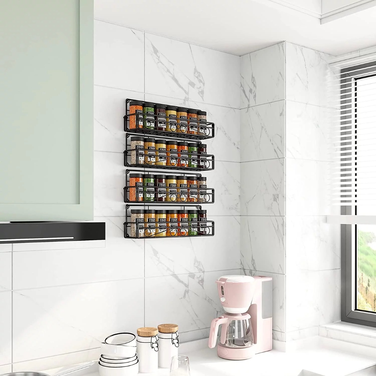 Black wall hung spice rack in modern kitchen