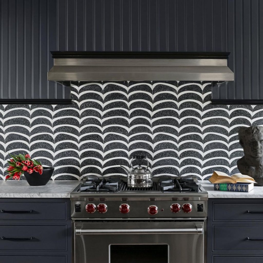 Render of stylish black-and-white kitchen backsplash accenting a dark-gray wall and base cabinets