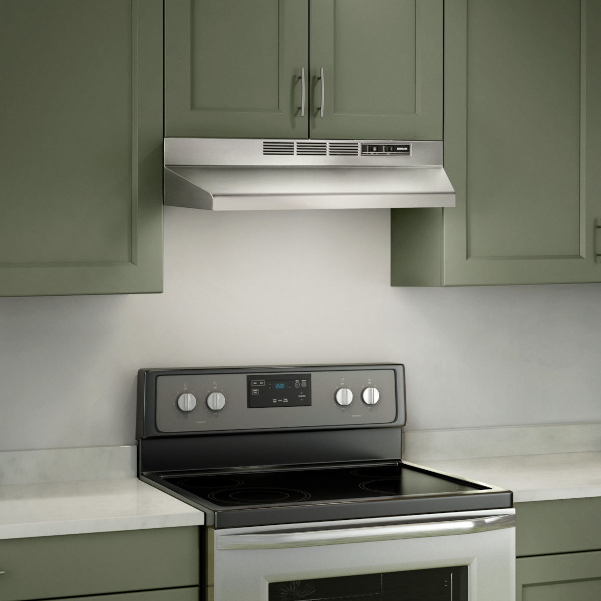 Product render of a stainless steel Broan ductless range hood installed under green cabinets