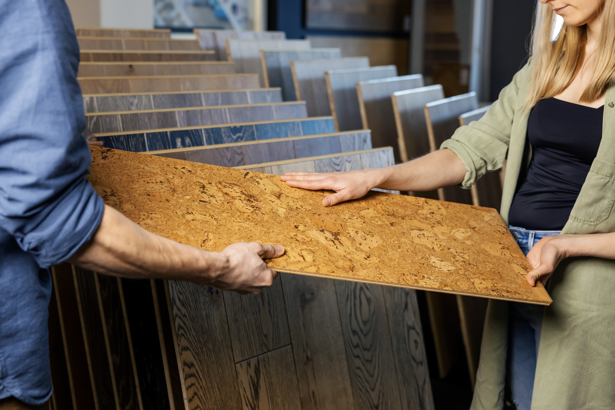 Customers examining a cork flooring sample at a retail store