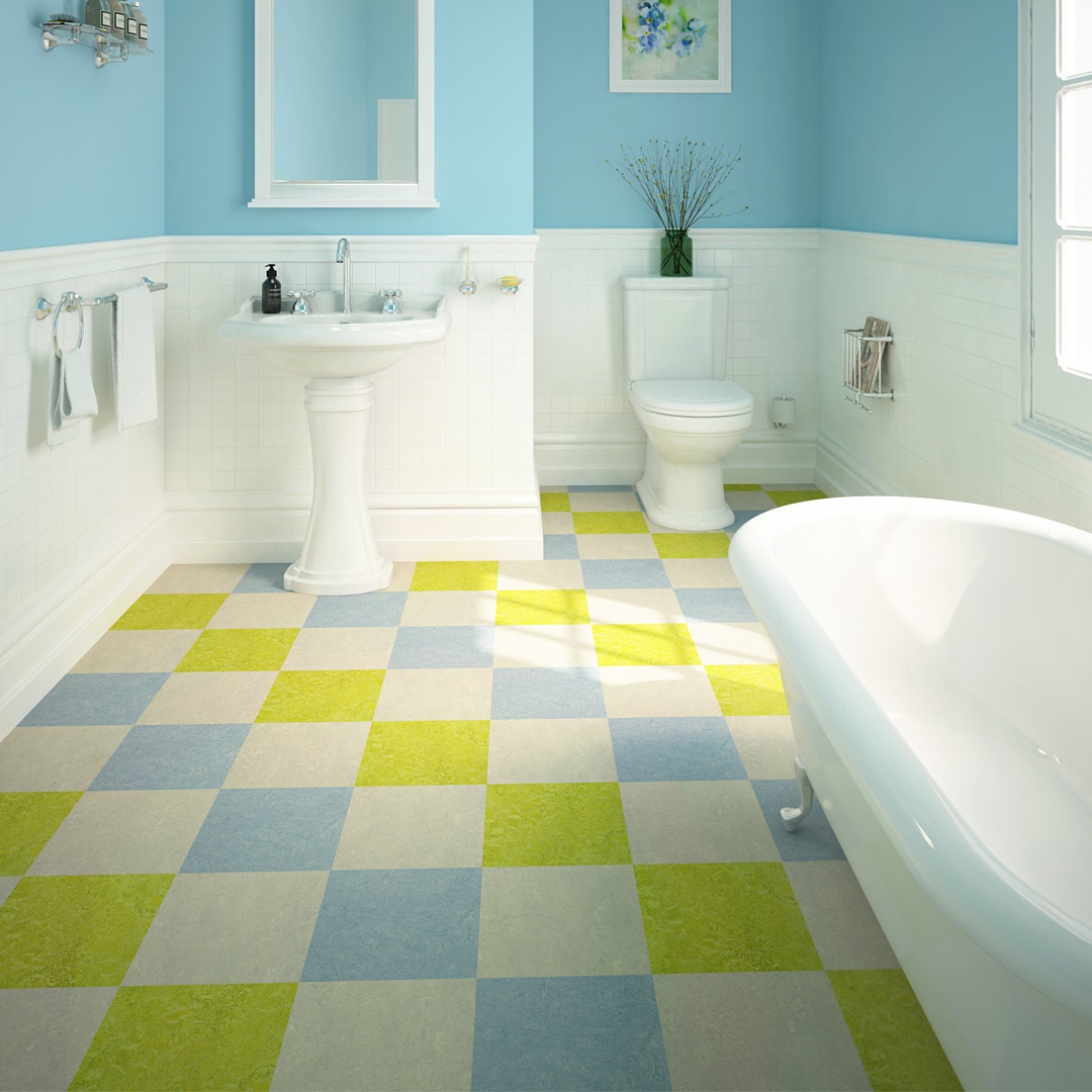 Product photo of Forbo Marmoleum with a cream, green, and blue checkerboard finish