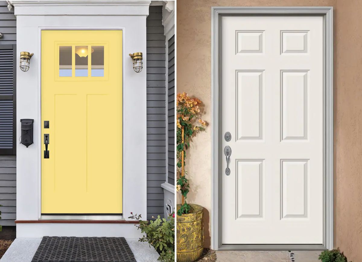 Side by Side of Yellow Fiberglass Front Door and Beige Steel Front Door
