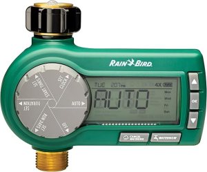 The Rain Bird hose end timer set to Auto, on a white background