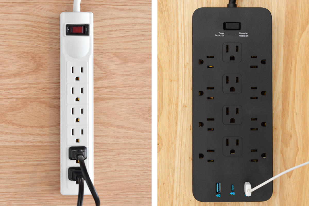 Side-by-side photos of a white power strip and black surge protector