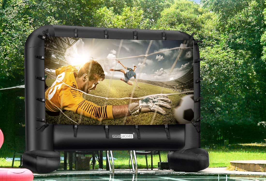 The Best Outdoor Projector Screen Option inflated and projecting sports into a park area