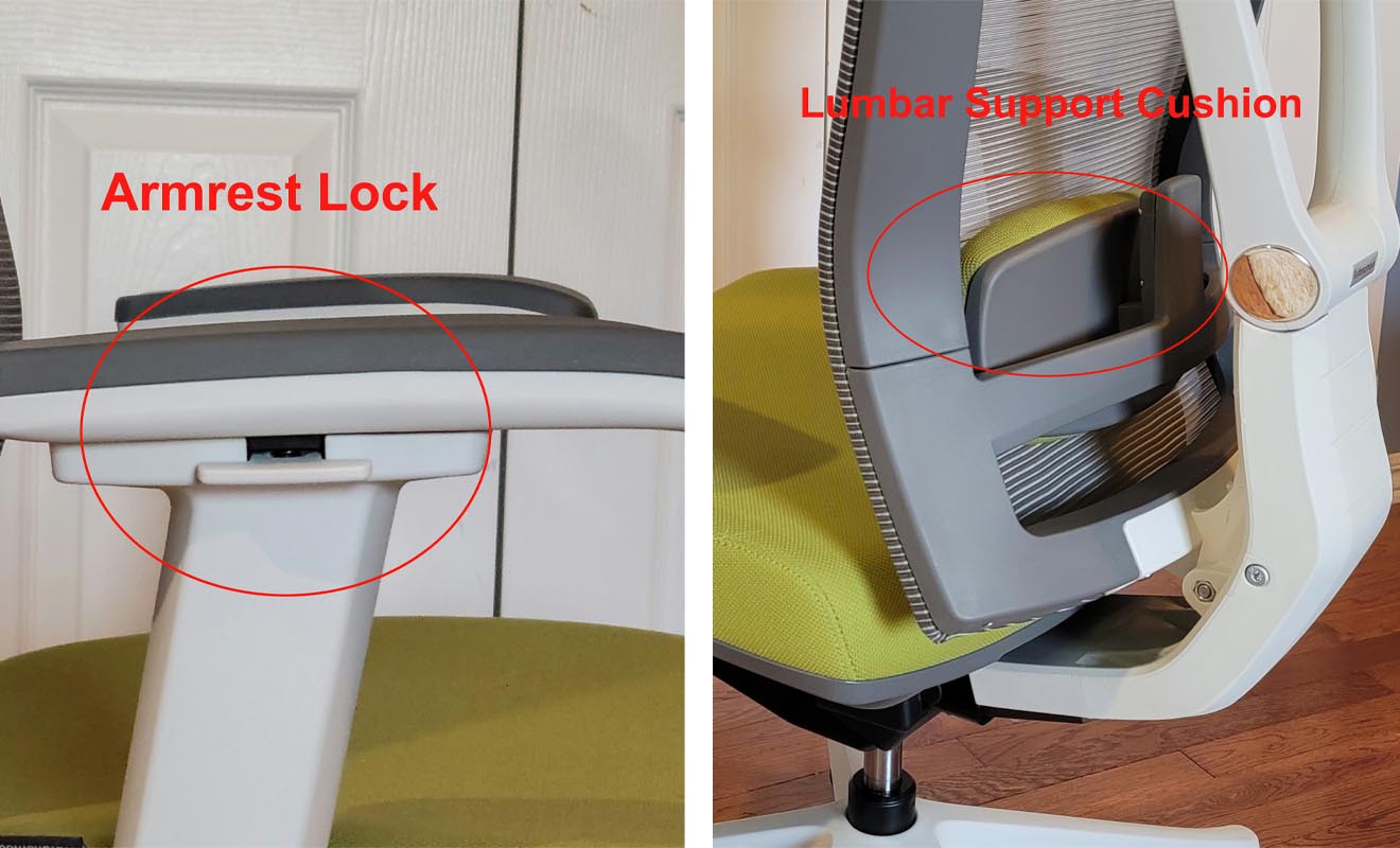 The ErgoChair 2 armrest lock and lumbar support closeup