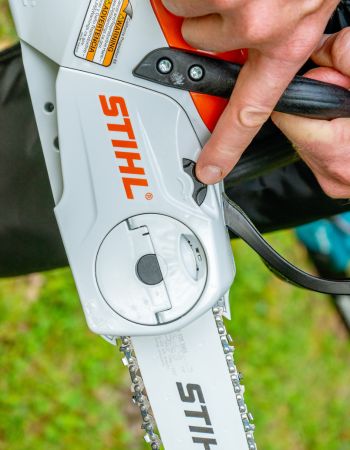 A close-up of the Stihl MSA electric chainsaw