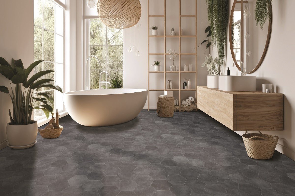 A large modern bathroom with a dark vinyl floor.