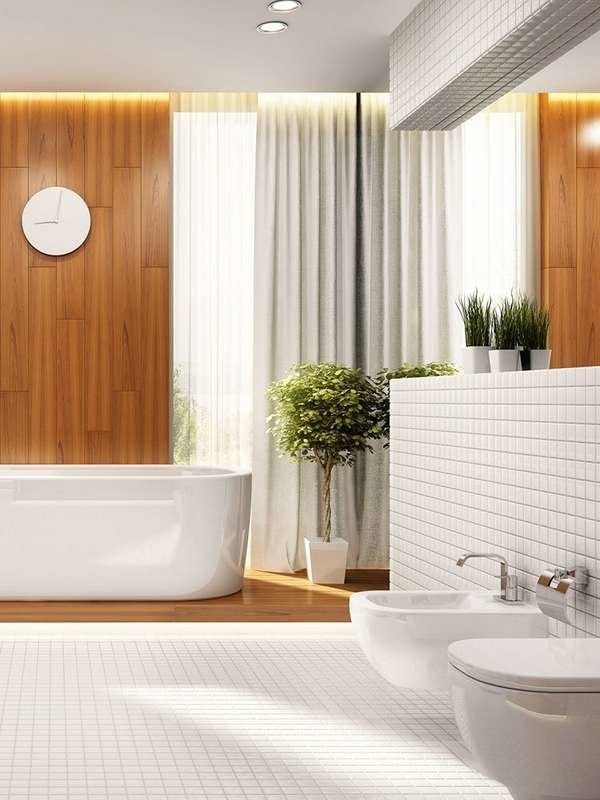 Bathroom with white tiles and wooden walls