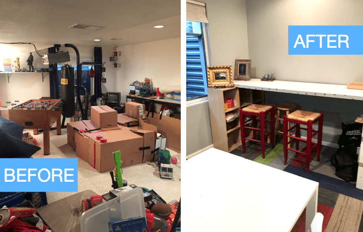 a cluttered room with exercise equipment and boxes with a label BEFORE and a neat room with white tables with the label AFTER