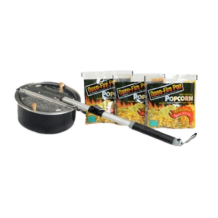  The Open-Fire Pop 4-Piece Outdoor Popcorn Popper and several packages on unpopped popcorn on a white background.