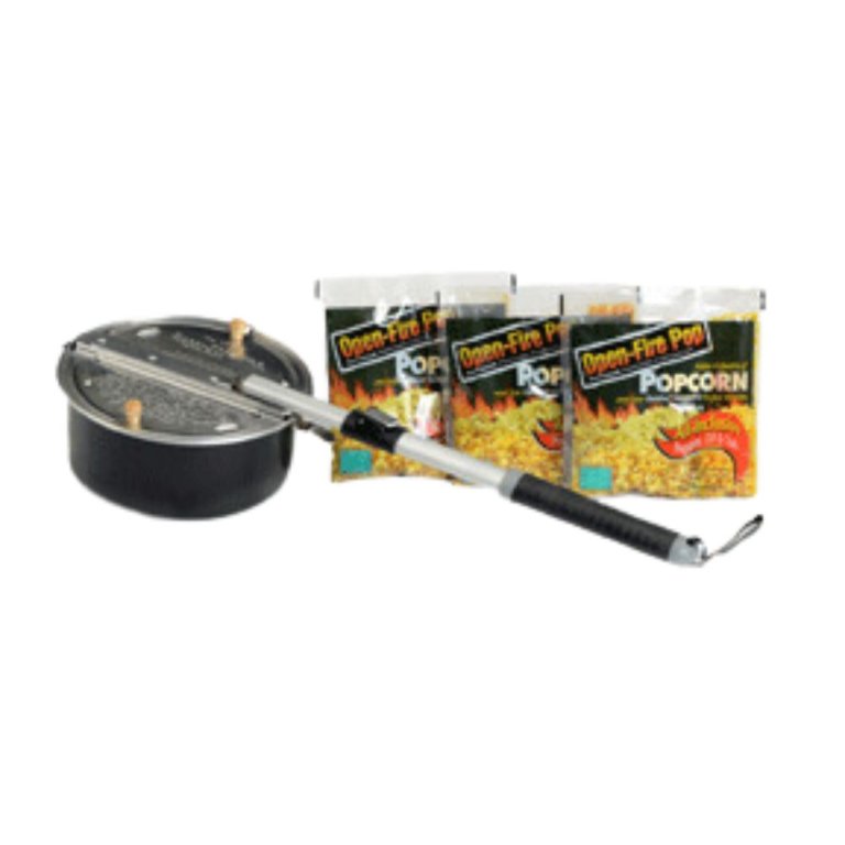  The Open-Fire Pop 4-Piece Outdoor Popcorn Popper and several packages on unpopped popcorn on a white background.