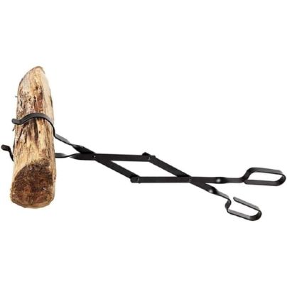 The Rocky Mountain Goods Firewood Tongs holding a piece of firewood on a white background.