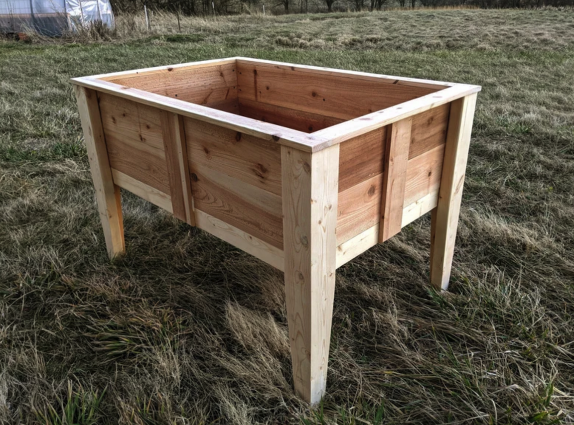 large wooden planter box with high elevated legs in field just built