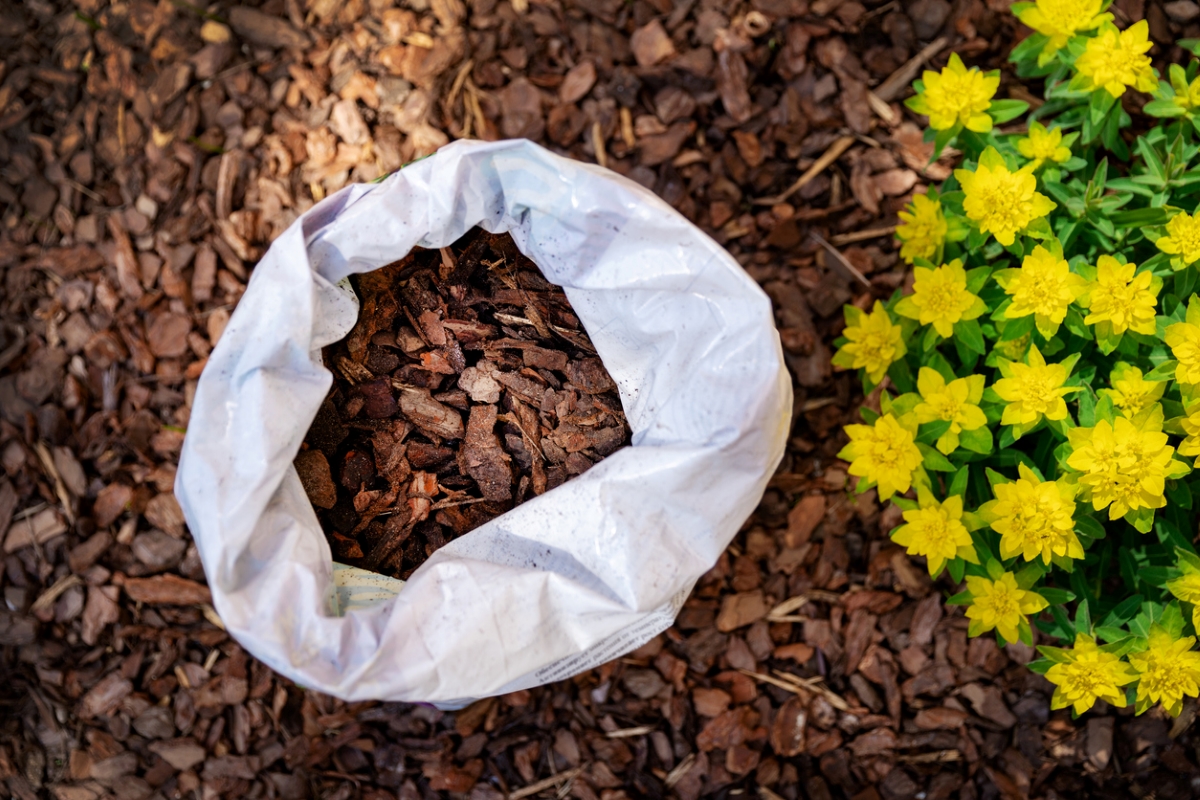 Open bag of mulch next to flowers