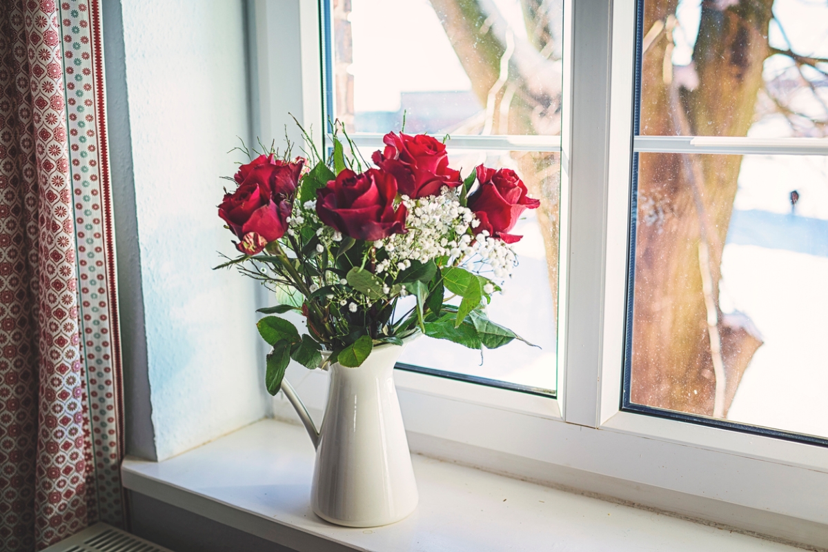 Red roses in vase on window sill
